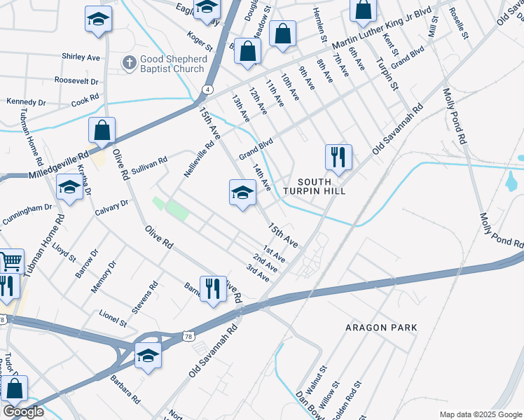 map of restaurants, bars, coffee shops, grocery stores, and more near 800 15th Avenue in Augusta