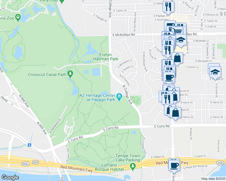 map of restaurants, bars, coffee shops, grocery stores, and more near 1400 North College Avenue in Tempe