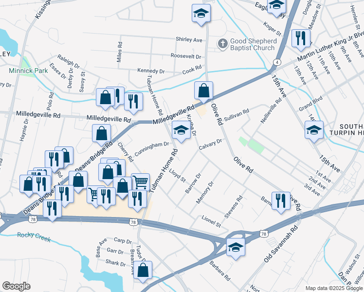 map of restaurants, bars, coffee shops, grocery stores, and more near 1925 Kratha Drive in Augusta