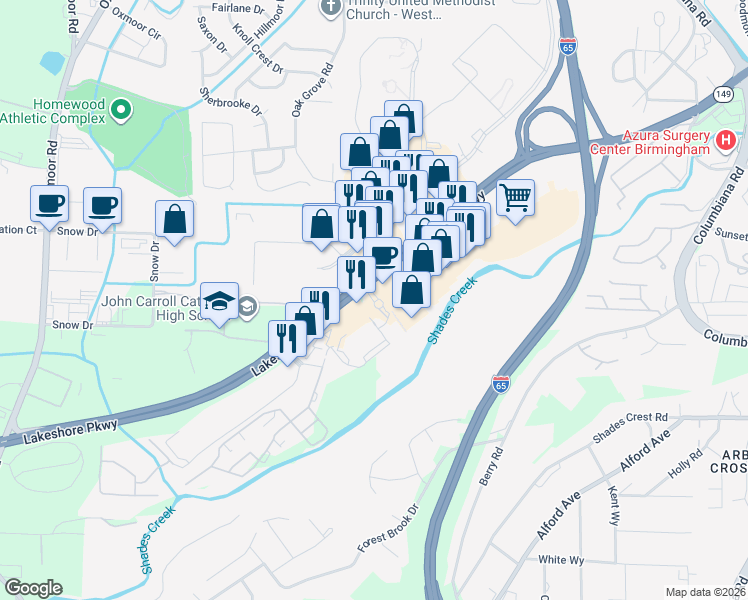 map of restaurants, bars, coffee shops, grocery stores, and more near 265 Lakeshore Parkway in Birmingham