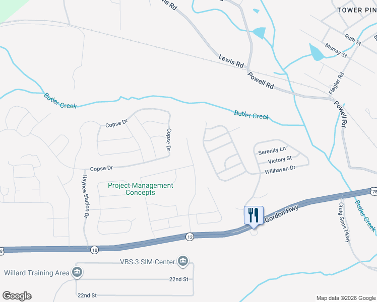 map of restaurants, bars, coffee shops, grocery stores, and more near 1115 Sims Drive in Augusta