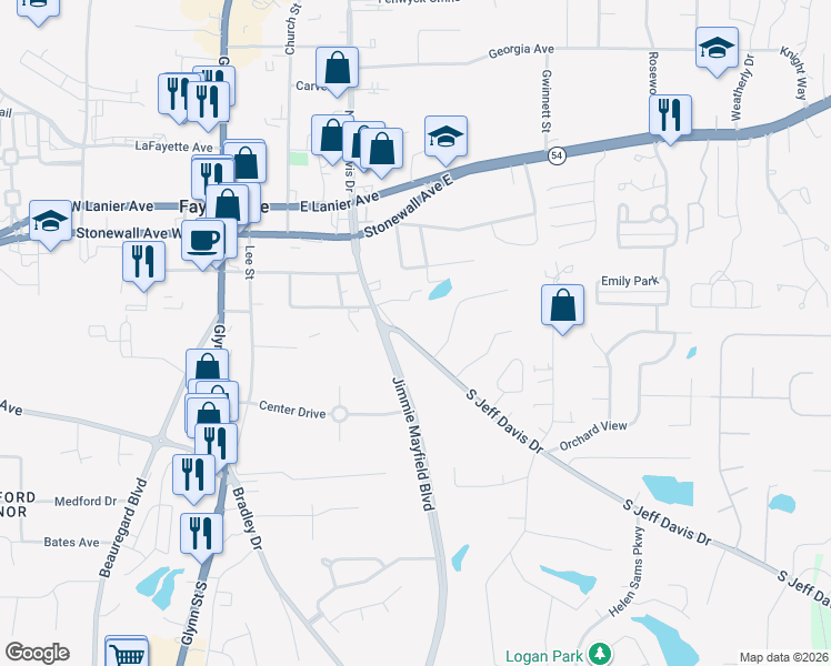 map of restaurants, bars, coffee shops, grocery stores, and more near 300 South Jeff Davis Drive in Fayetteville