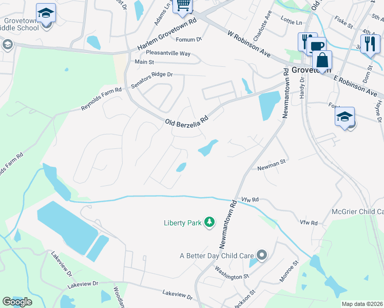 map of restaurants, bars, coffee shops, grocery stores, and more near 316 Newmantown Road in Grovetown