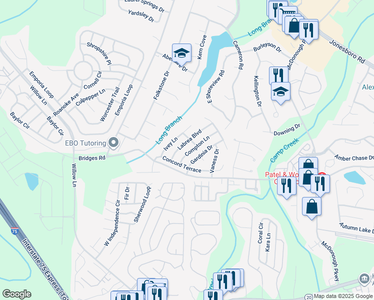 map of restaurants, bars, coffee shops, grocery stores, and more near 775 Compton Lane in McDonough