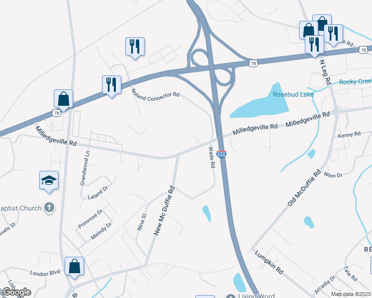 map of restaurants, bars, coffee shops, grocery stores, and more near 3519 Milledgeville Road in Augusta