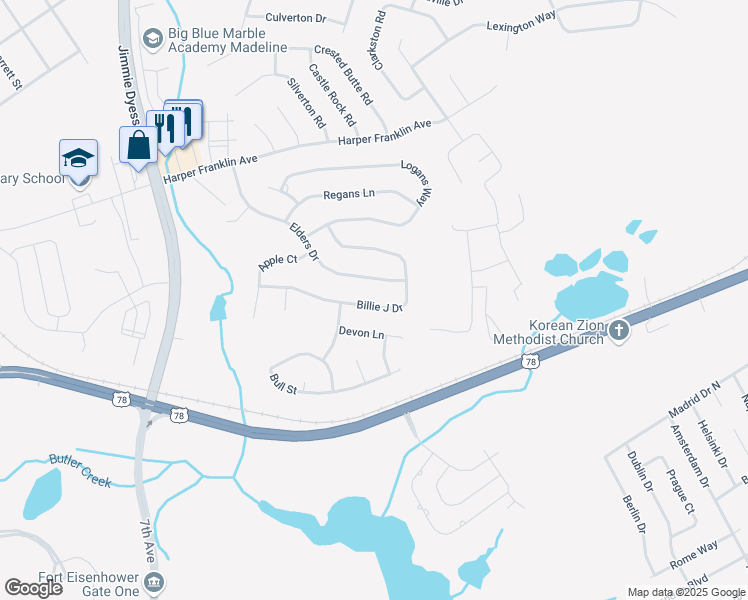 map of restaurants, bars, coffee shops, grocery stores, and more near 4757 Billie J Drive in Augusta