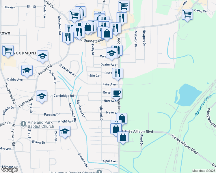map of restaurants, bars, coffee shops, grocery stores, and more near 113 Fairy Avenue in Hueytown