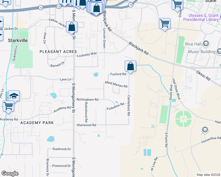 map of restaurants, bars, coffee shops, grocery stores, and more near 101-199 Derbyshire Road in Starkville