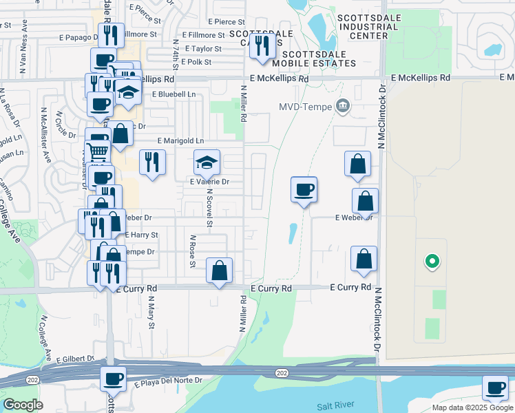 map of restaurants, bars, coffee shops, grocery stores, and more near 1324 East Weber Drive in Tempe