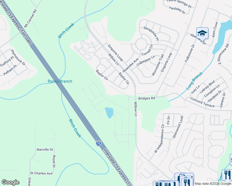 map of restaurants, bars, coffee shops, grocery stores, and more near 741 Bridges Road in McDonough