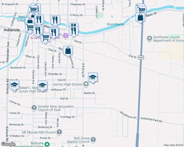map of restaurants, bars, coffee shops, grocery stores, and more near 916 Gentry Street in Indianola