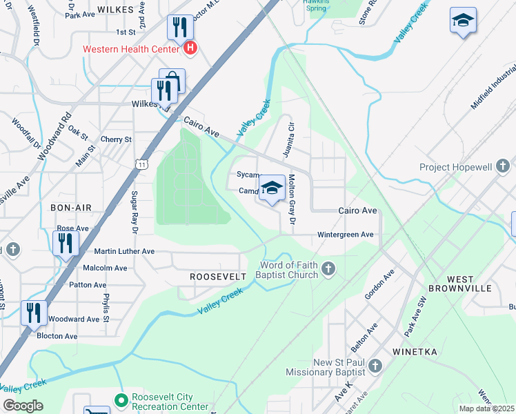 map of restaurants, bars, coffee shops, grocery stores, and more near 5400 Oakwood Street in Birmingham