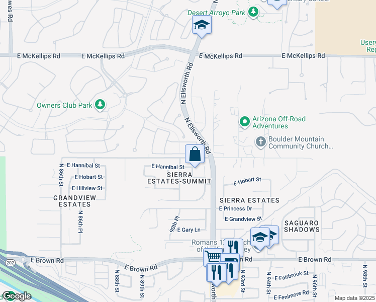 map of restaurants, bars, coffee shops, grocery stores, and more near 9051 East McLellan Road in Mesa