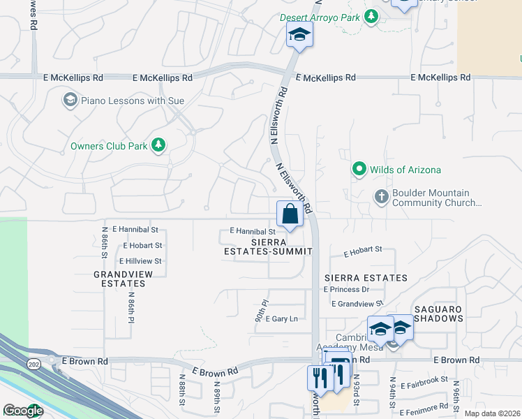 map of restaurants, bars, coffee shops, grocery stores, and more near 1564 North 90th Place in Mesa