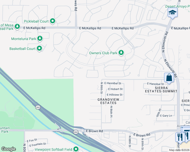map of restaurants, bars, coffee shops, grocery stores, and more near 8540 East Inca Street in Mesa