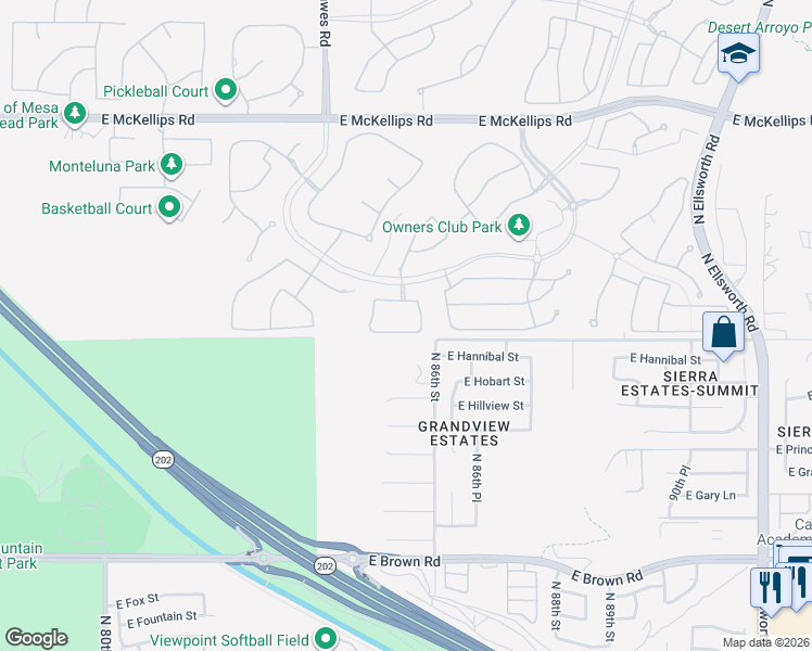 map of restaurants, bars, coffee shops, grocery stores, and more near 8540 East Inca Street in Mesa