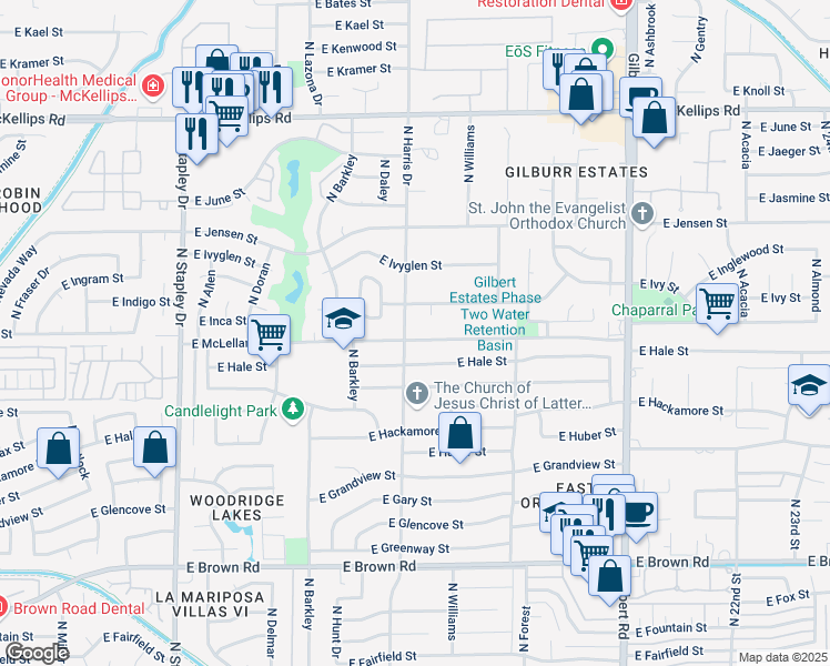 map of restaurants, bars, coffee shops, grocery stores, and more near 1557 East McLellan Road in Mesa