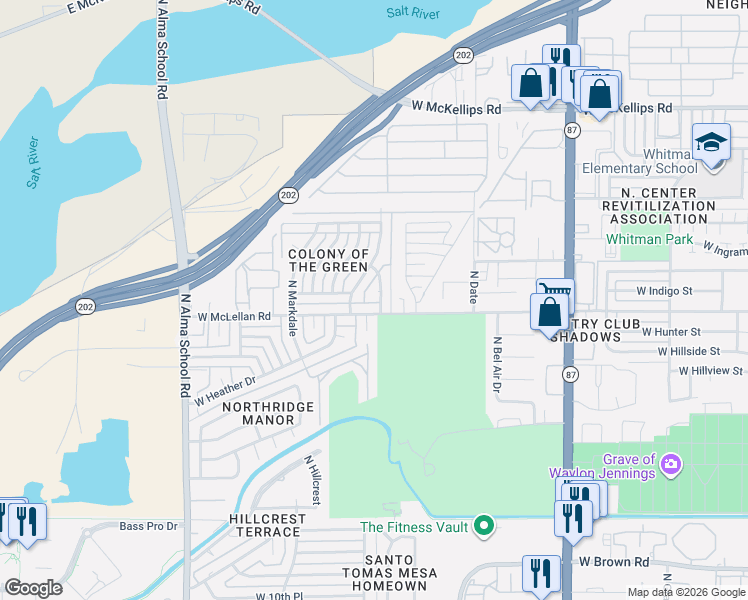 map of restaurants, bars, coffee shops, grocery stores, and more near 748 West McLellan Road in Mesa