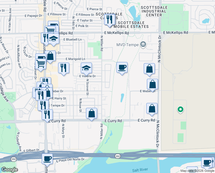 map of restaurants, bars, coffee shops, grocery stores, and more near 1324 East Weber Drive in Tempe