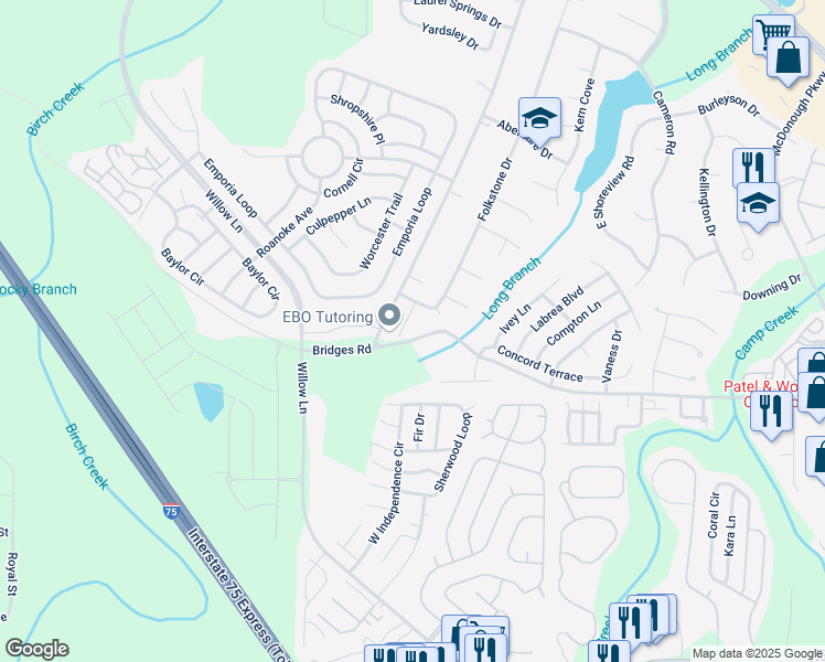 map of restaurants, bars, coffee shops, grocery stores, and more near 907 Hindman Place in McDonough
