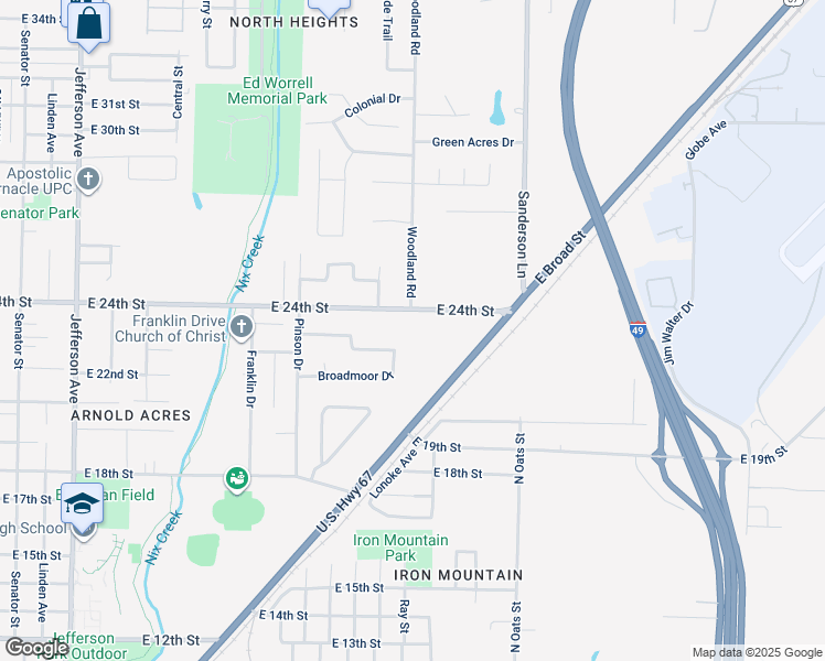 map of restaurants, bars, coffee shops, grocery stores, and more near 25 Broadmoor Drive in Texarkana