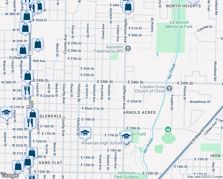 map of restaurants, bars, coffee shops, grocery stores, and more near 2223 Senator Street in Texarkana