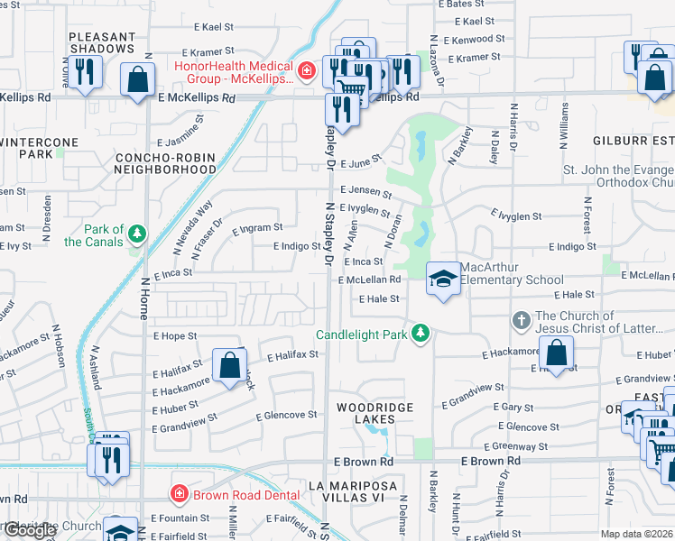 map of restaurants, bars, coffee shops, grocery stores, and more near 1237 East McLellan Road in Mesa