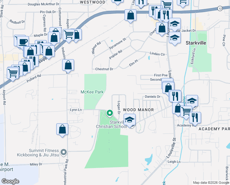 map of restaurants, bars, coffee shops, grocery stores, and more near 205 Helen Circle in Starkville