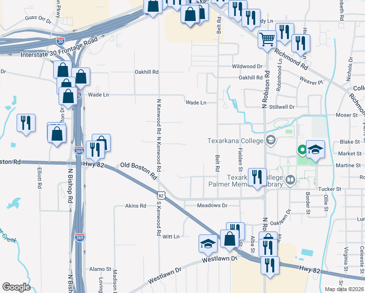 map of restaurants, bars, coffee shops, grocery stores, and more near 701 Hillview Street in Texarkana