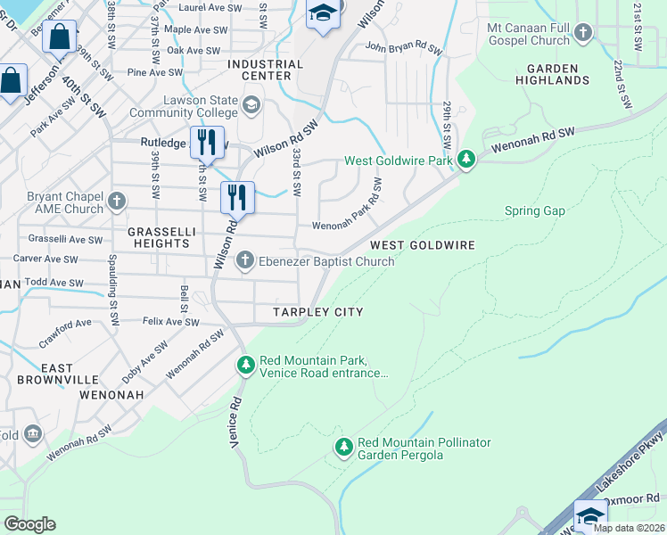 map of restaurants, bars, coffee shops, grocery stores, and more near 3245 Wenonah Road Southwest in Birmingham