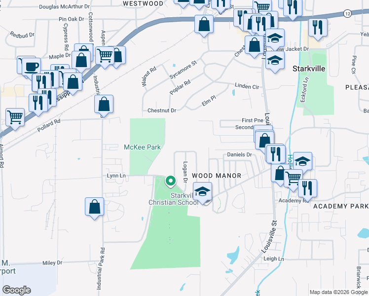 map of restaurants, bars, coffee shops, grocery stores, and more near 129 Helen Circle in Starkville