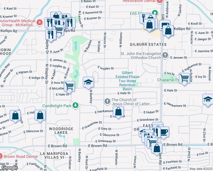 map of restaurants, bars, coffee shops, grocery stores, and more near 1557 East McLellan Road in Mesa