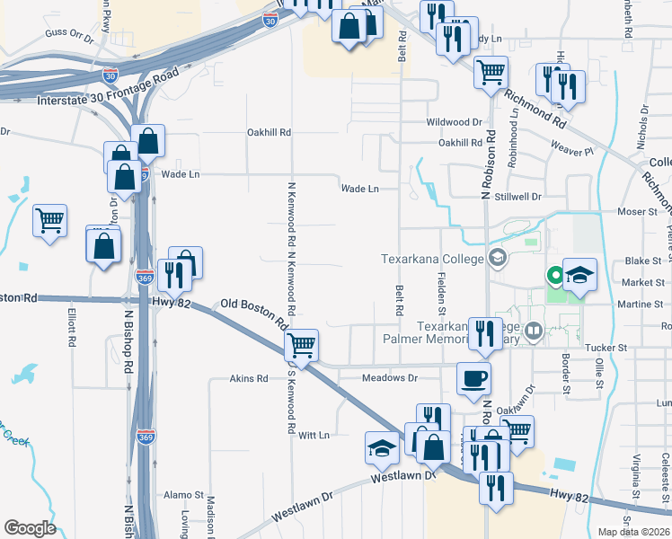 map of restaurants, bars, coffee shops, grocery stores, and more near 701 Hillview Street in Texarkana