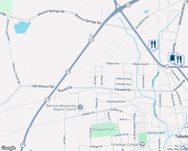map of restaurants, bars, coffee shops, grocery stores, and more near 600 Pine Street in Talladega