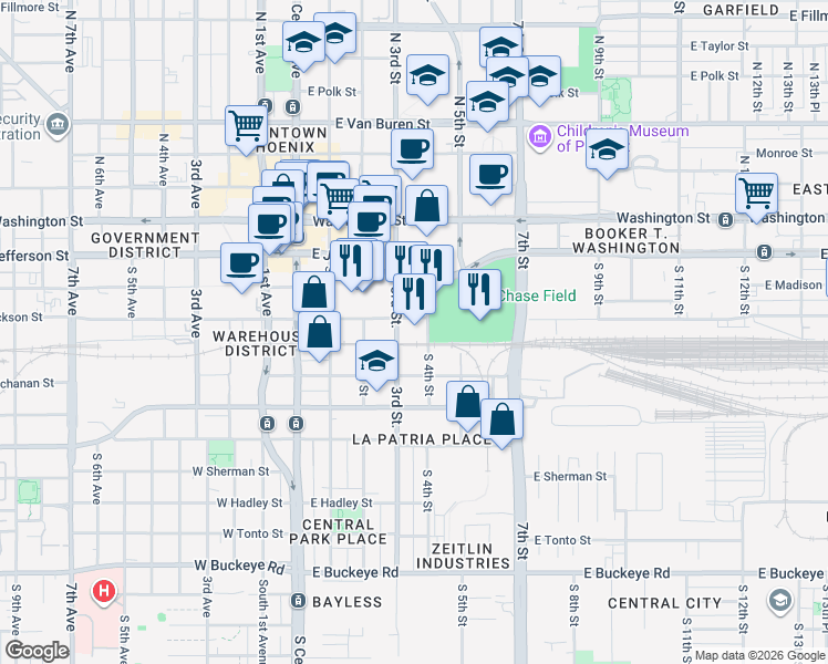 map of restaurants, bars, coffee shops, grocery stores, and more near 401 South 3rd Street in Phoenix