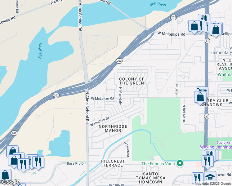 map of restaurants, bars, coffee shops, grocery stores, and more near 1556 North Markdale in Mesa