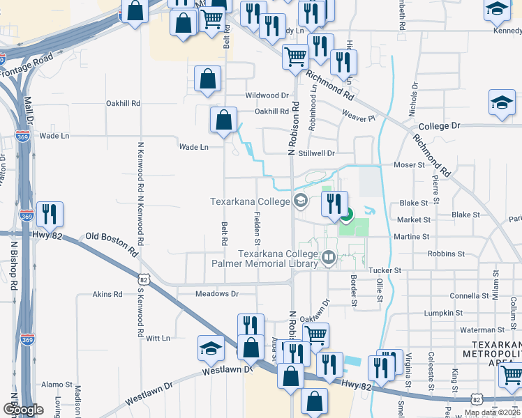map of restaurants, bars, coffee shops, grocery stores, and more near 333 Fielden Street in Texarkana