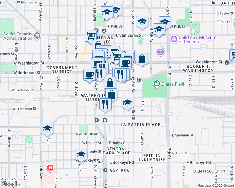 map of restaurants, bars, coffee shops, grocery stores, and more near 101 East Jackson Street in Phoenix