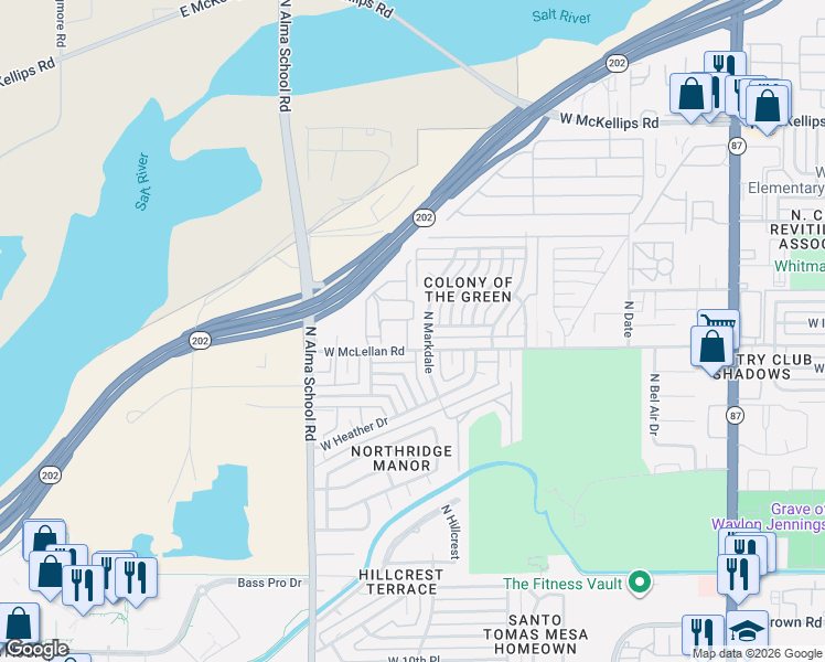 map of restaurants, bars, coffee shops, grocery stores, and more near 1556 North Markdale in Mesa