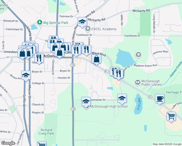 map of restaurants, bars, coffee shops, grocery stores, and more near 109 Alexandria Boulevard in McDonough
