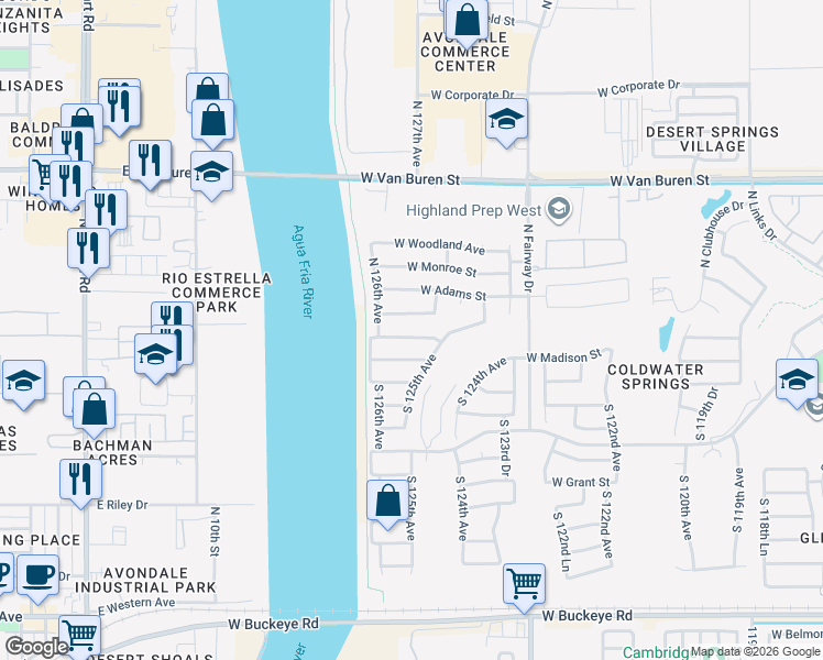 map of restaurants, bars, coffee shops, grocery stores, and more near 12534 West Madison Street in Avondale