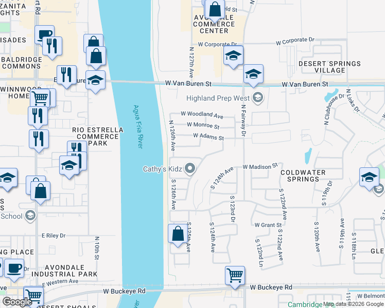map of restaurants, bars, coffee shops, grocery stores, and more near 12509 West Jefferson Street in Avondale