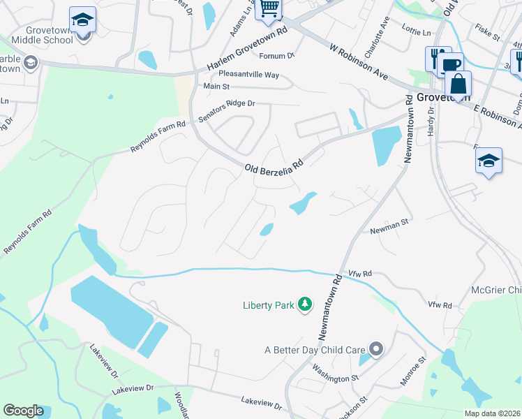 map of restaurants, bars, coffee shops, grocery stores, and more near 301 Old Berzelia Road in Grovetown