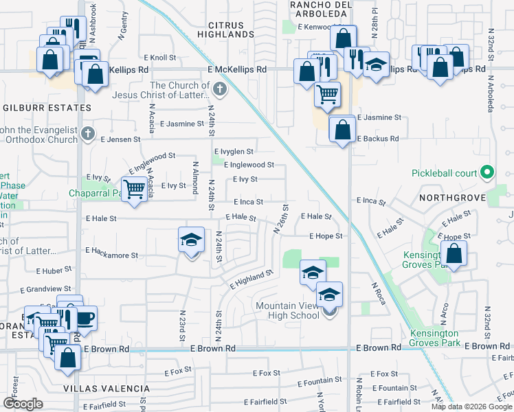 map of restaurants, bars, coffee shops, grocery stores, and more near 2507 East Hale Street in Mesa