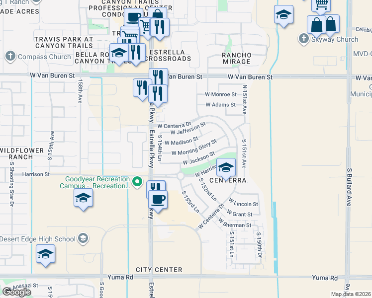 map of restaurants, bars, coffee shops, grocery stores, and more near 15342 West Morning Glory Street in Goodyear