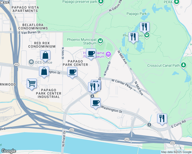 map of restaurants, bars, coffee shops, grocery stores, and more near North 48th Street in Tempe