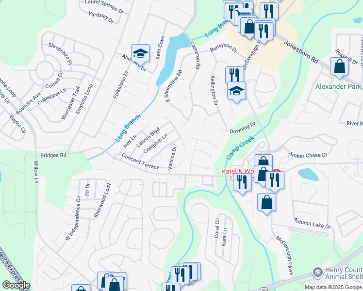 map of restaurants, bars, coffee shops, grocery stores, and more near 255 Vaness Drive in McDonough