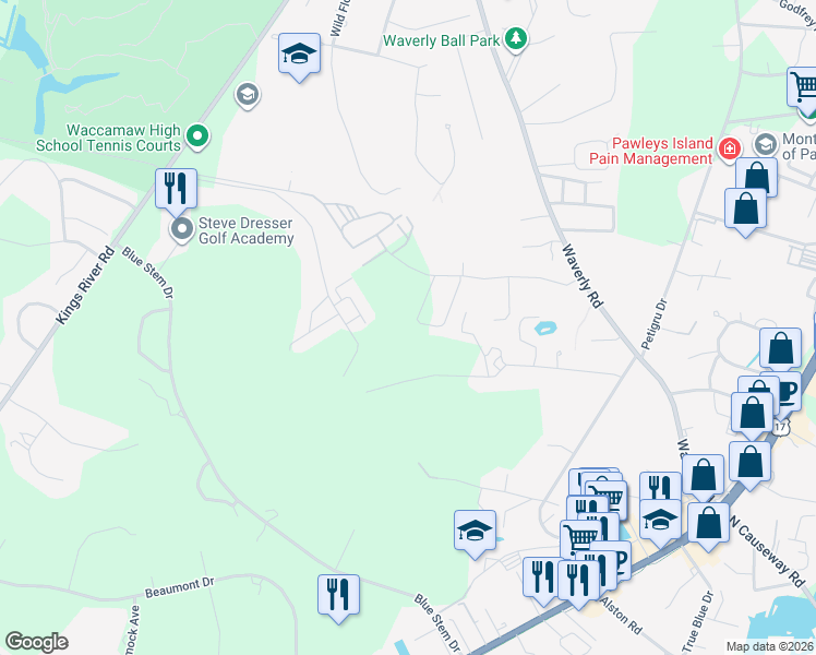 map of restaurants, bars, coffee shops, grocery stores, and more near 355-499 Shore Rush Drive in Pawleys Island