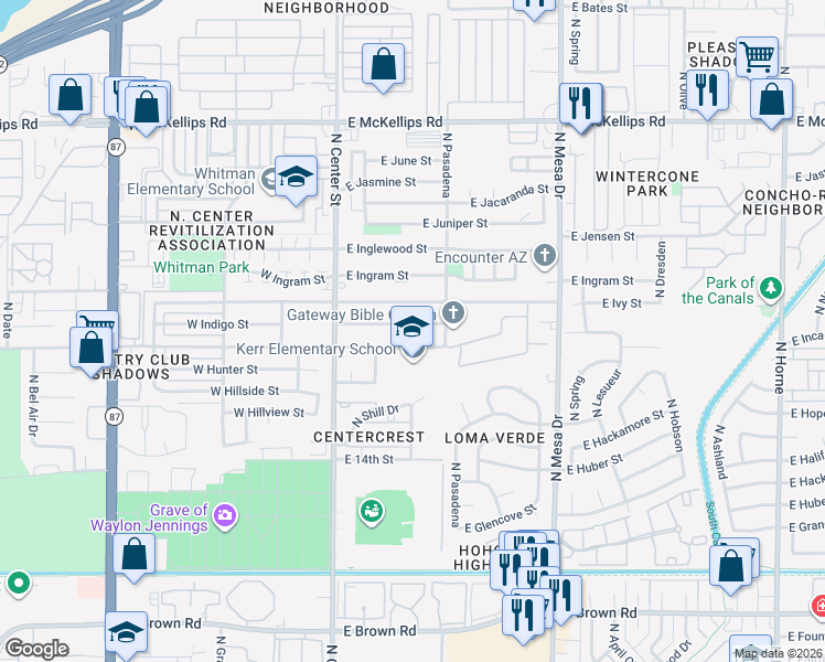 map of restaurants, bars, coffee shops, grocery stores, and more near 127 East Indigo Street in Mesa