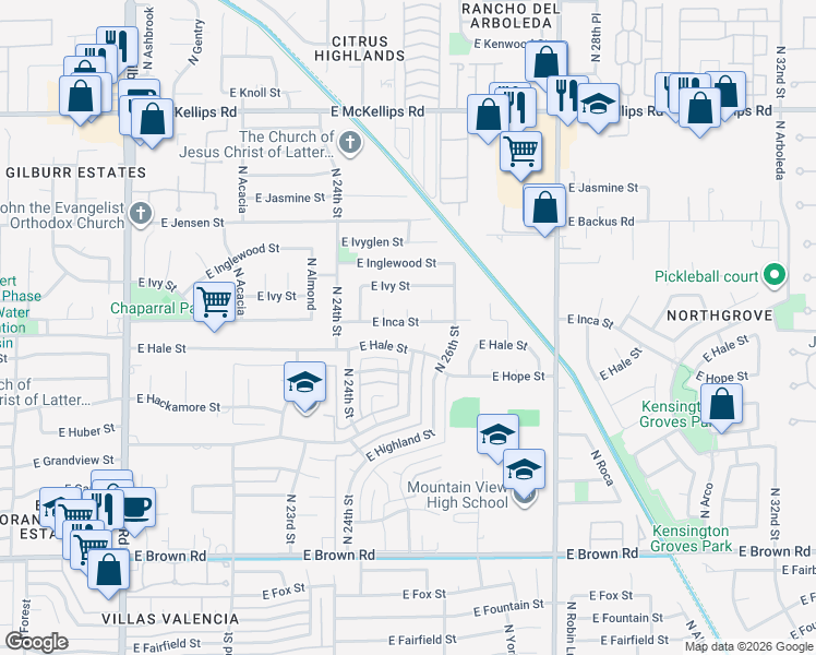 map of restaurants, bars, coffee shops, grocery stores, and more near 2507 East Hale Street in Mesa